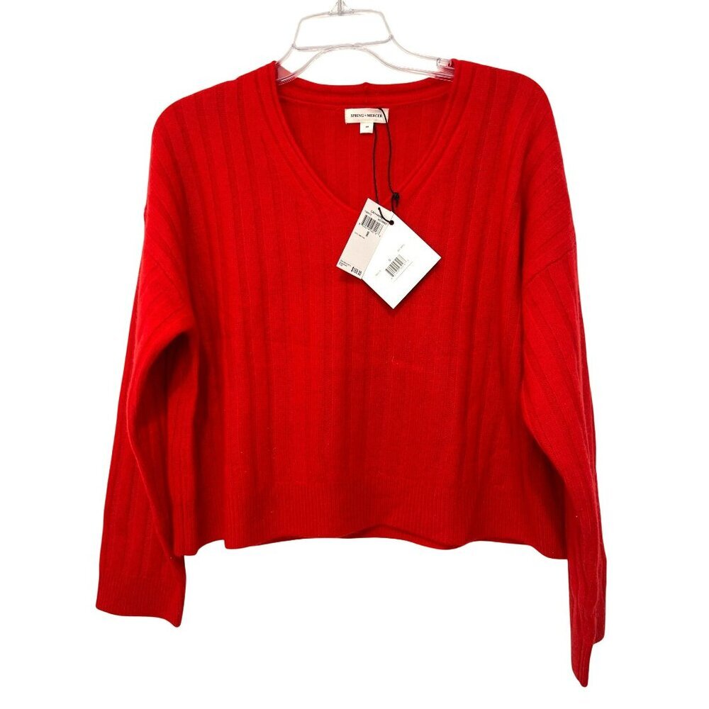 Spring + Mercer Red V-Neck Ribbed Cashmere Sweater M